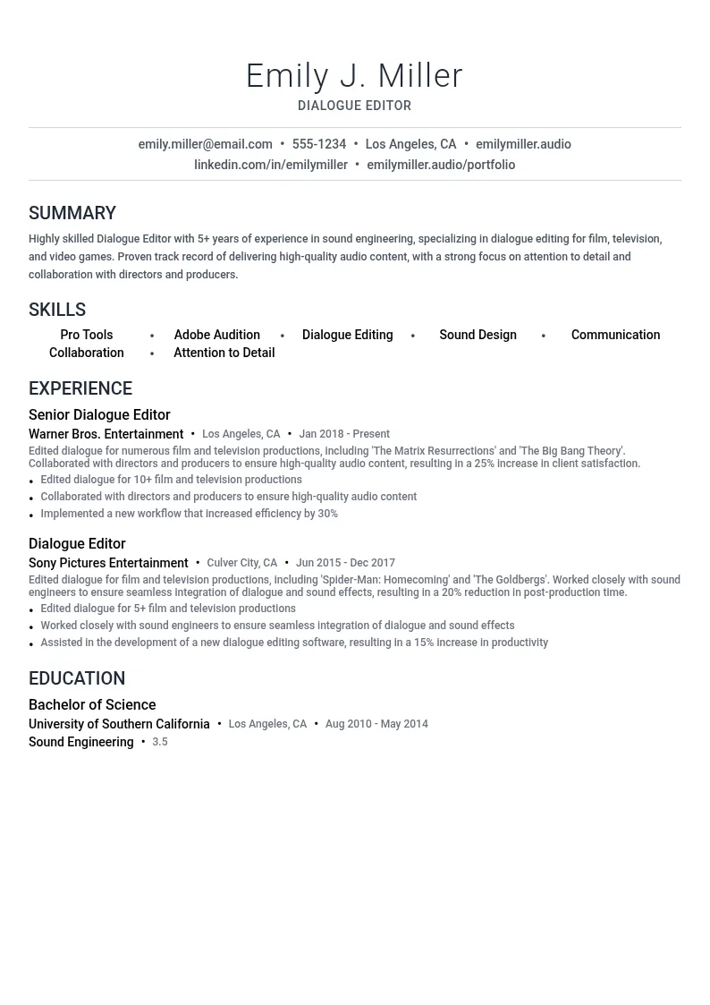 Dialogue Editor resume example