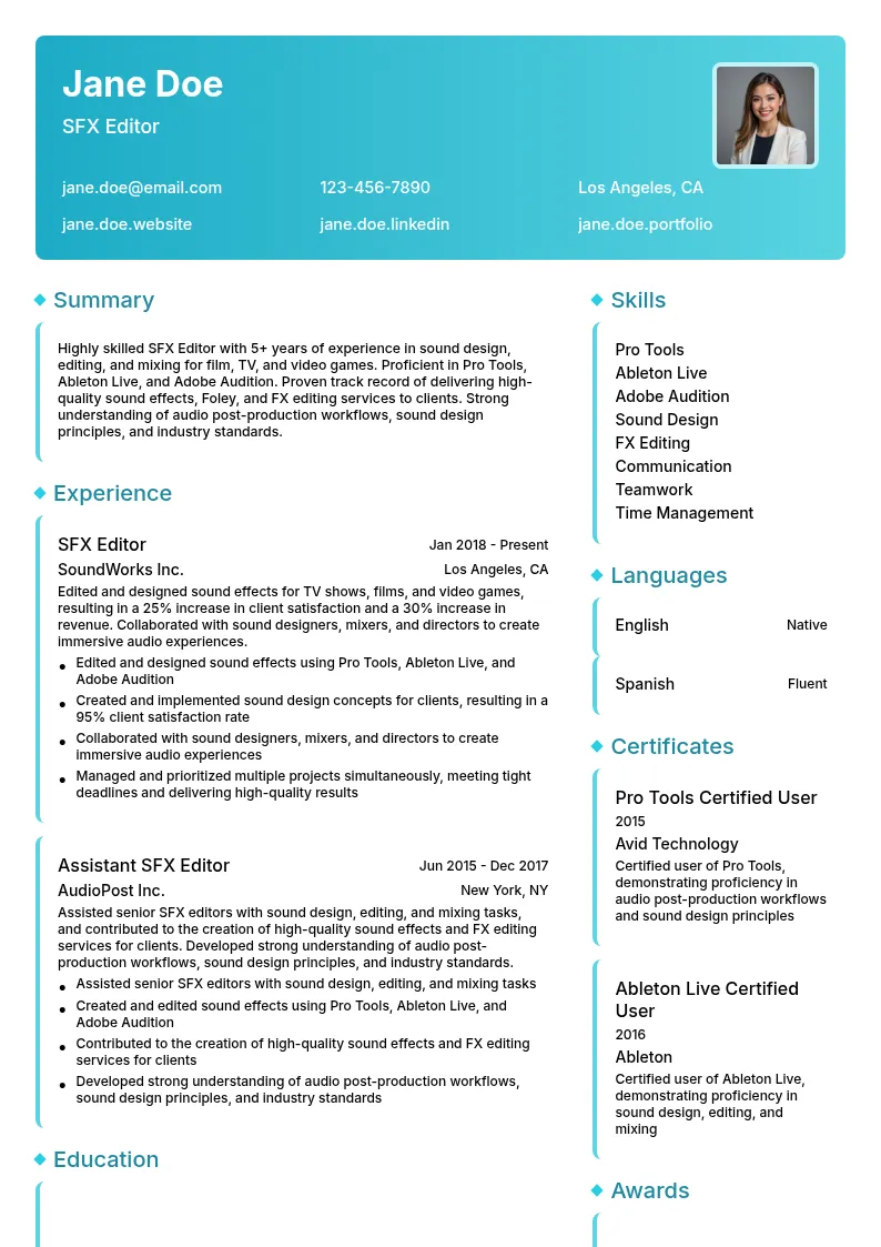 SFX Editor resume example