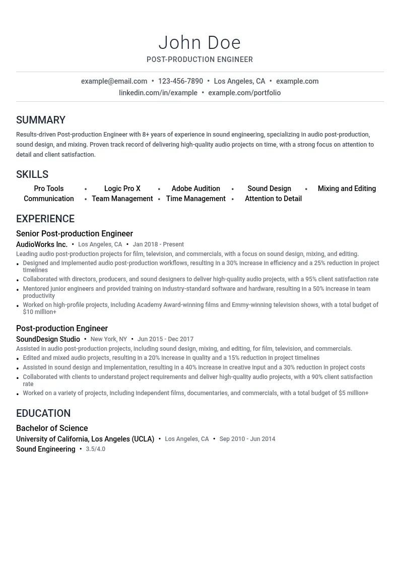 Post-production Engineer resume example