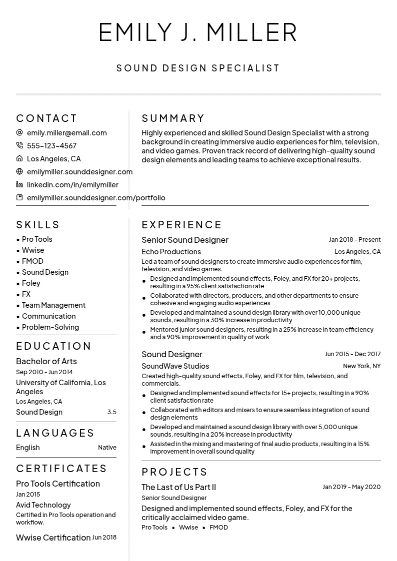 Sound Design Specialist resume example