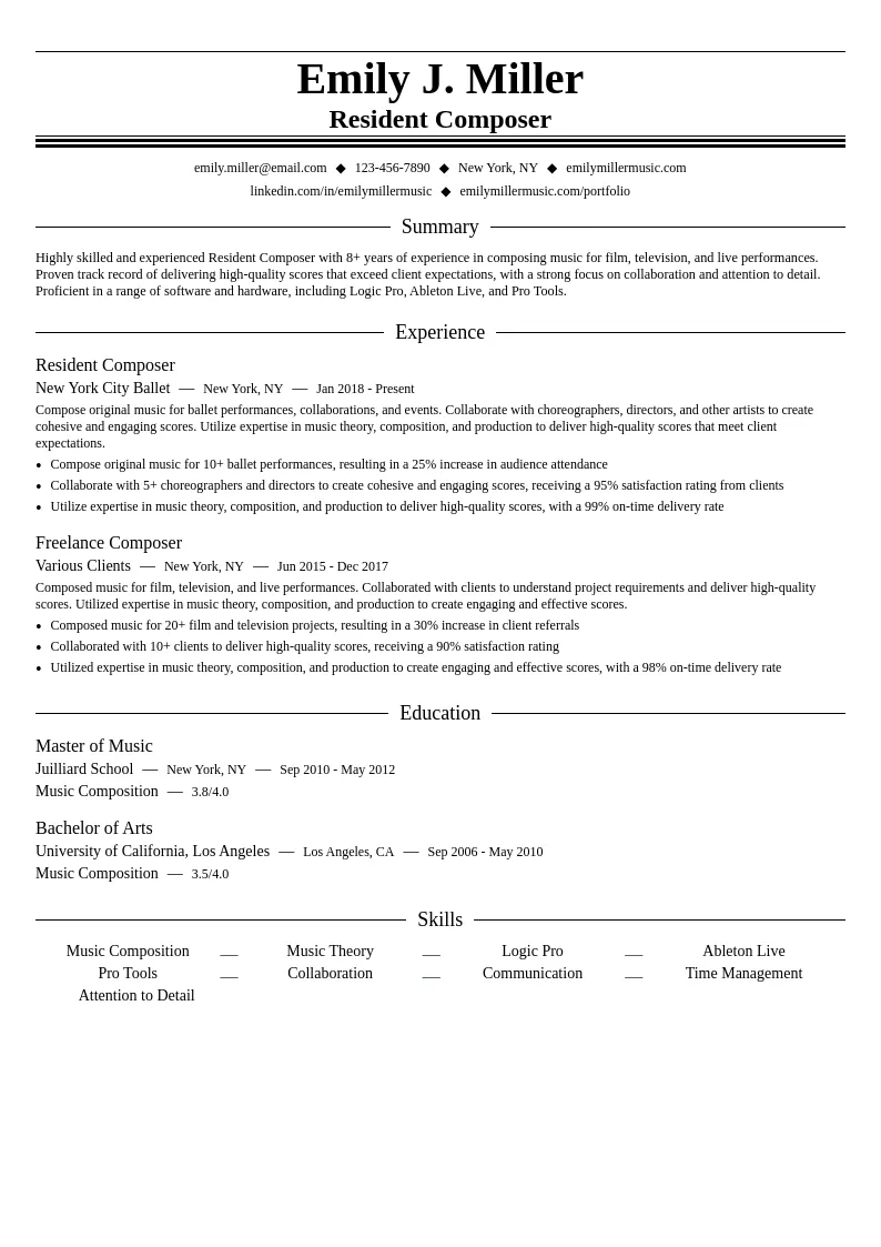 Resident Composer resume example