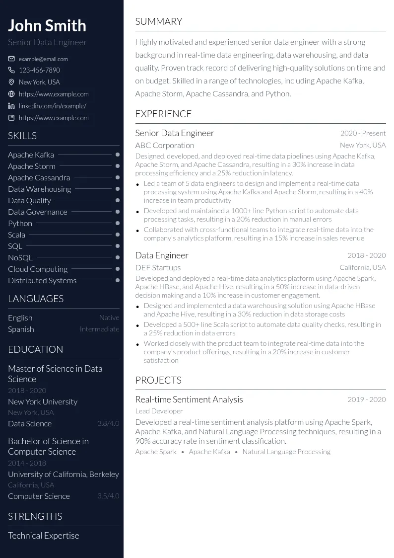 Real-time Data Engineering resume example