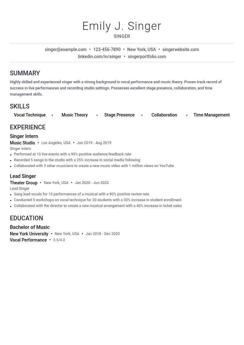 Singer Intern resume example