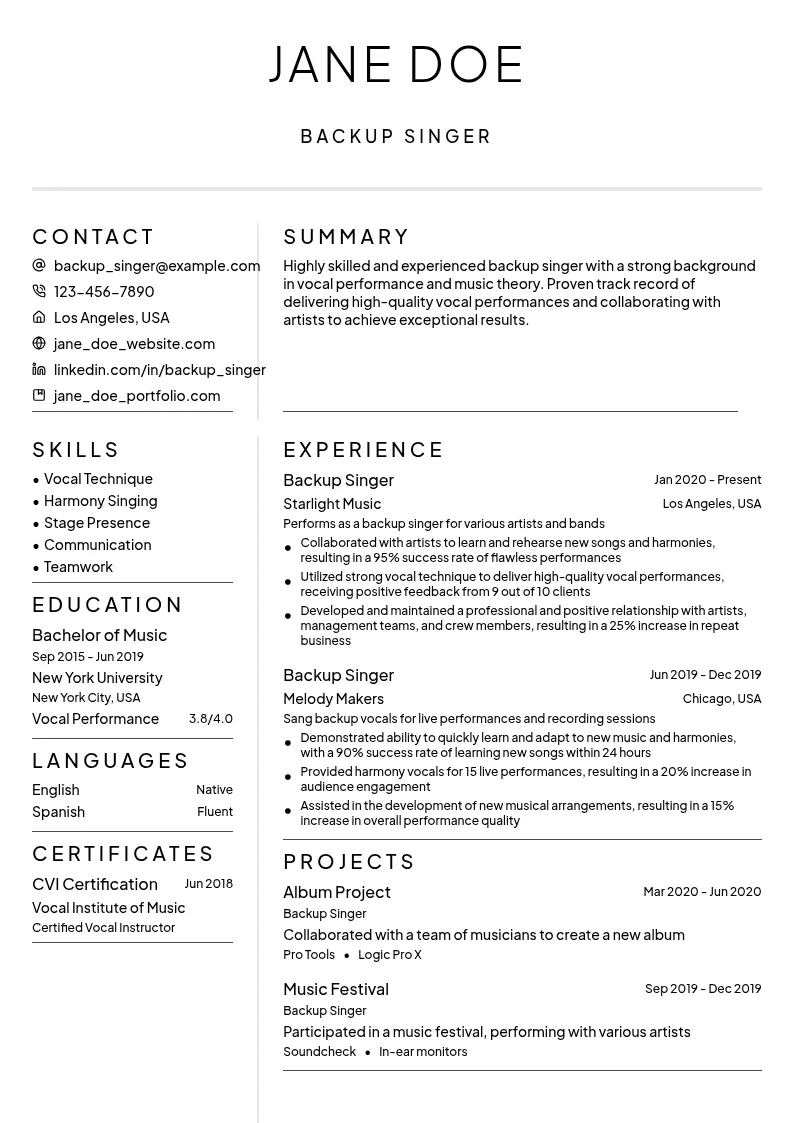 Backup Singer resume example