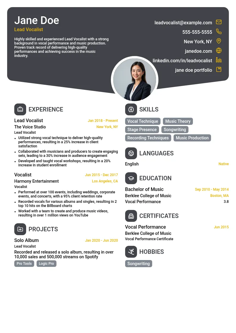 Lead Vocalist resume example