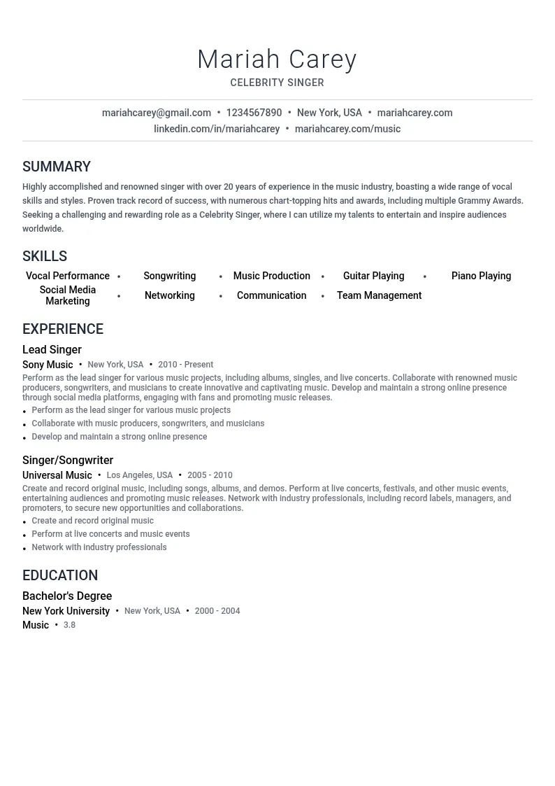 Celebrity Singer resume example