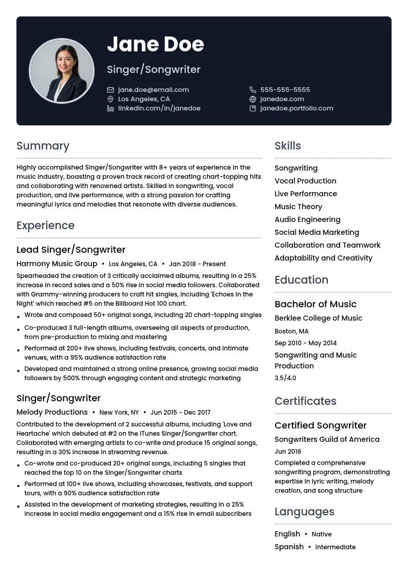 Singer/Songwriter resume example