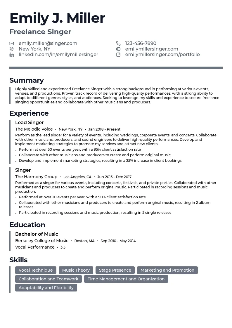 Freelance Singer resume example