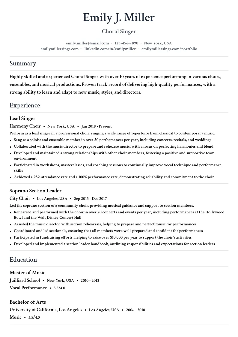 Choral Singer resume example