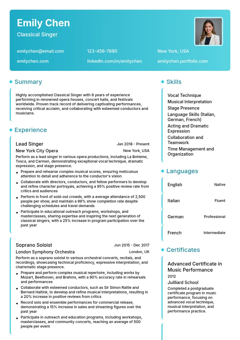 Classical Singer resume example