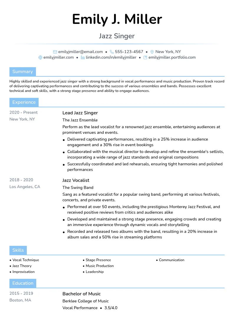 Jazz Singer resume example