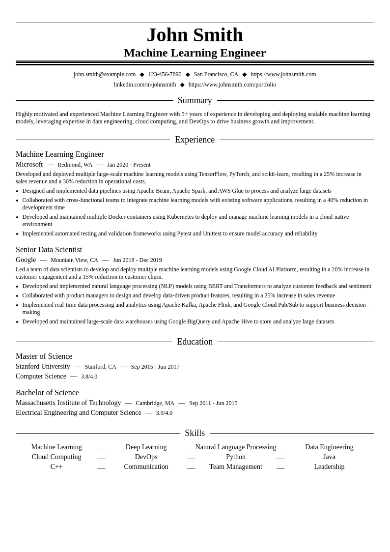 Machine Learning Engineering resume example