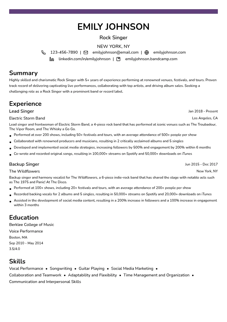 Rock Singer resume example