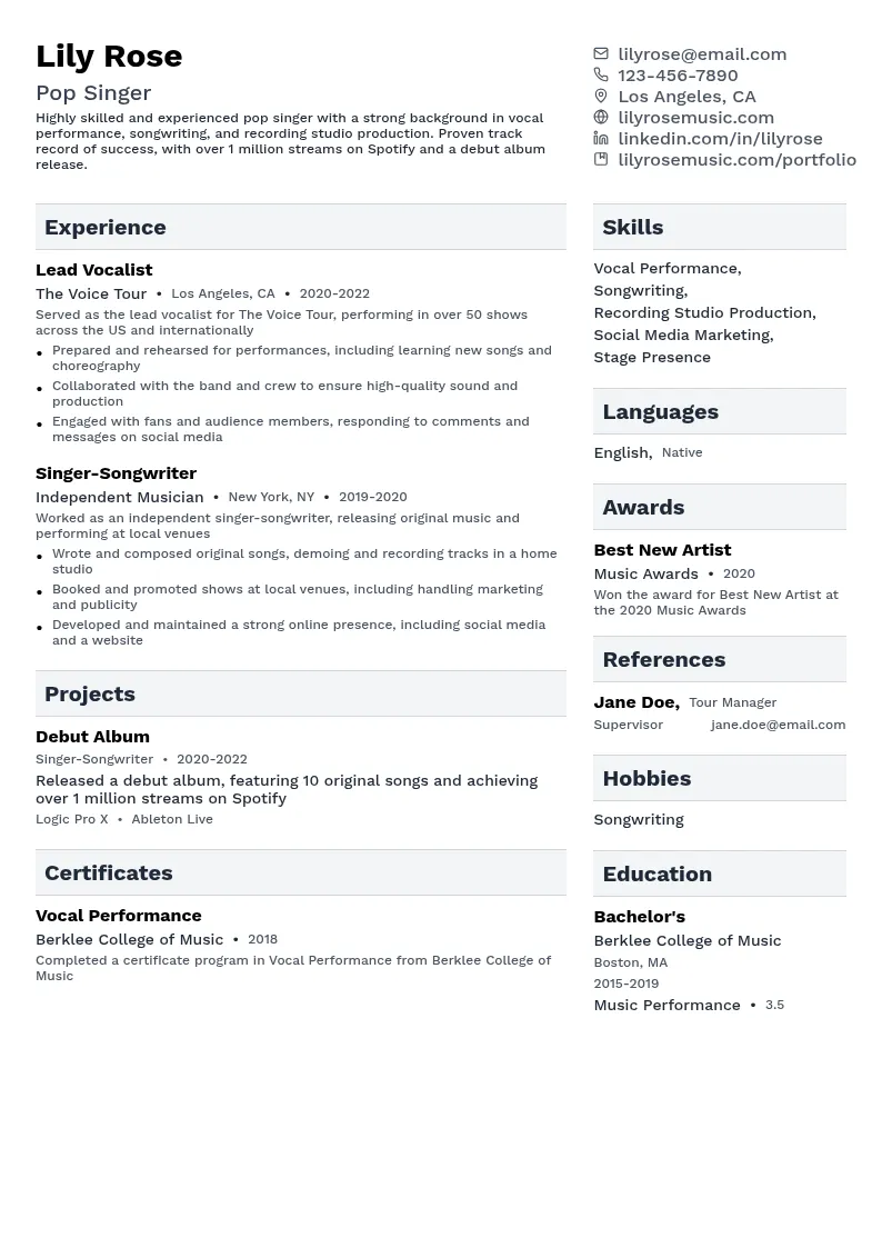 Pop Singer resume example