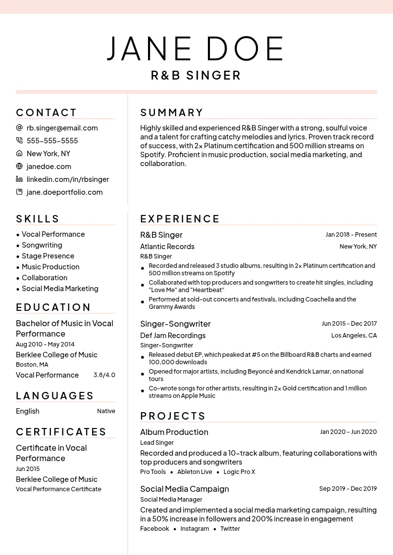 R&B Singer resume example