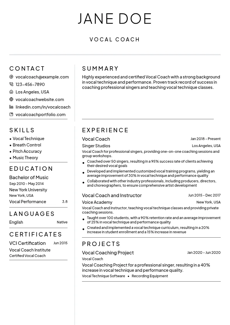 Vocal Coach resume example