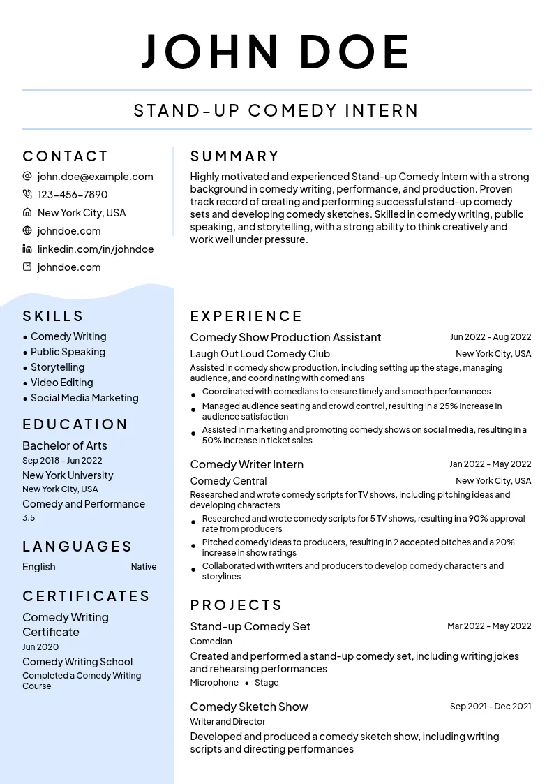 Stand-up Comedy Intern resume example