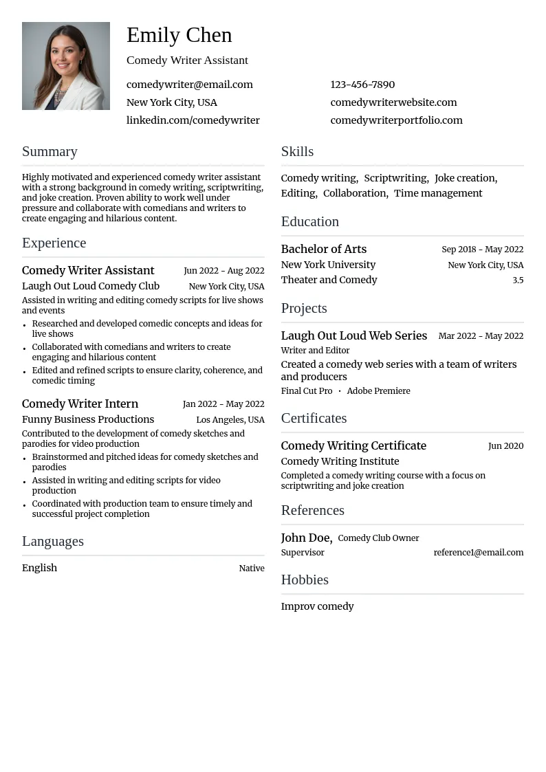 Comedy Writer Assistant resume example