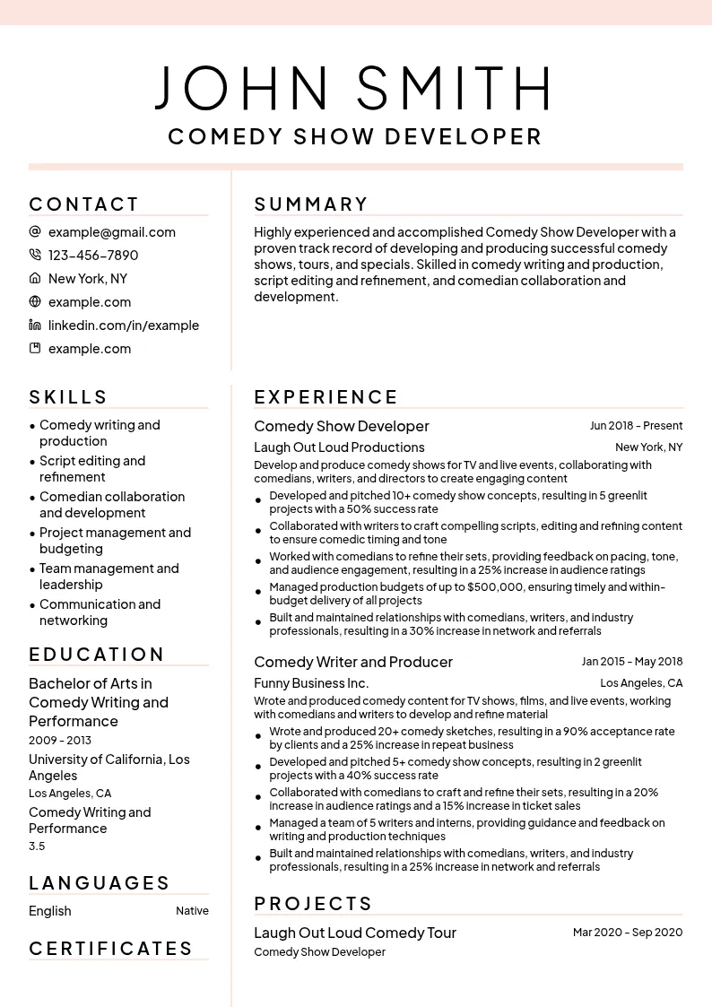 Comedy Show Developer resume example