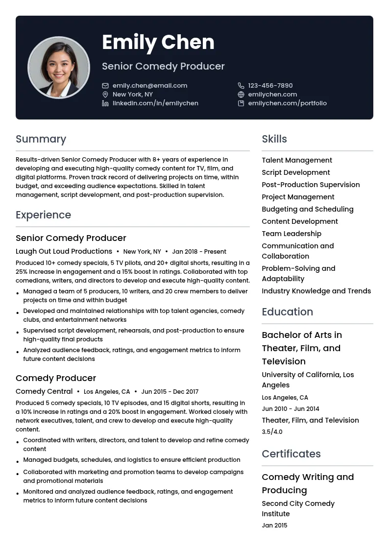 Senior Comedy Producer resume example