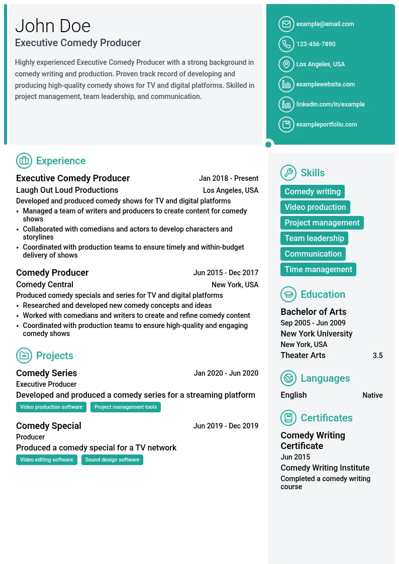 Executive Comedy Producer resume example