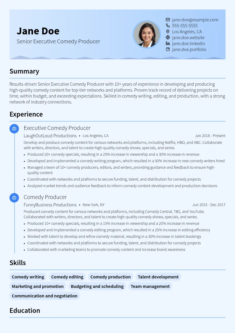 Senior Executive Comedy Producer resume example