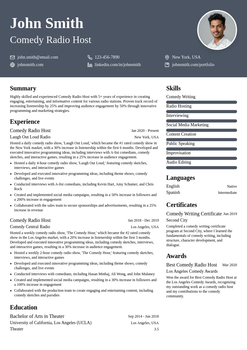 Comedy Radio Host resume example