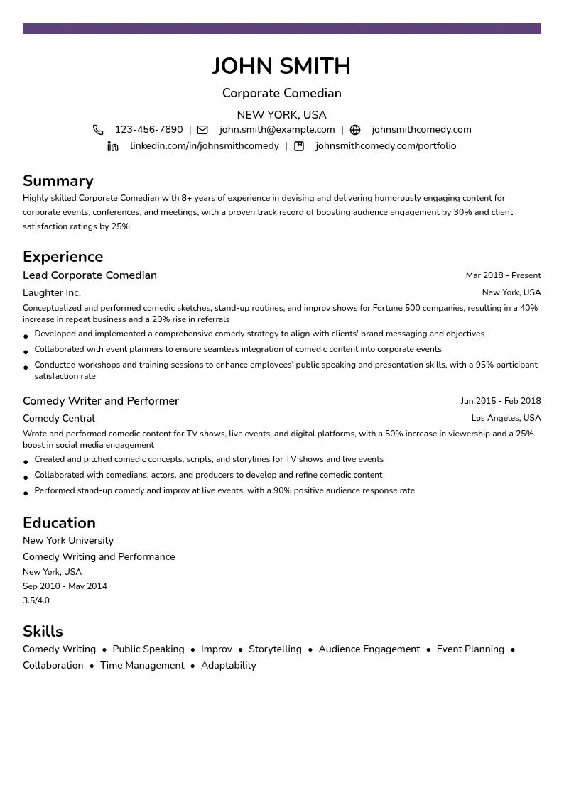 Corporate Comedian resume example