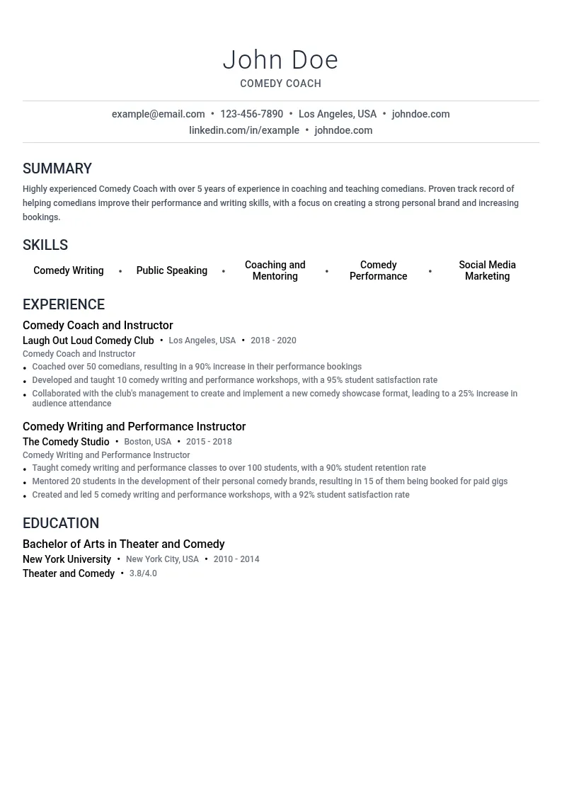 Comedy Coach resume example
