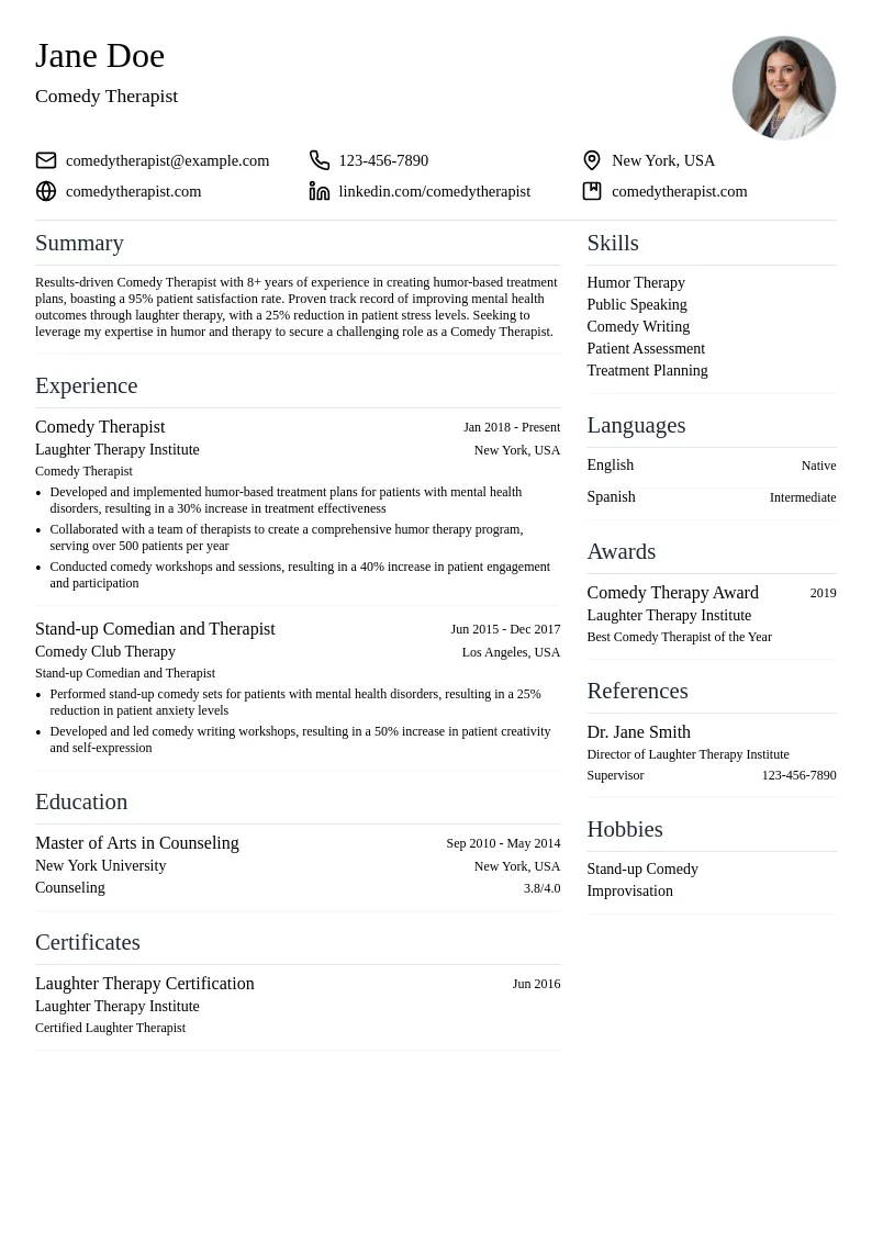 Comedy Therapist resume example
