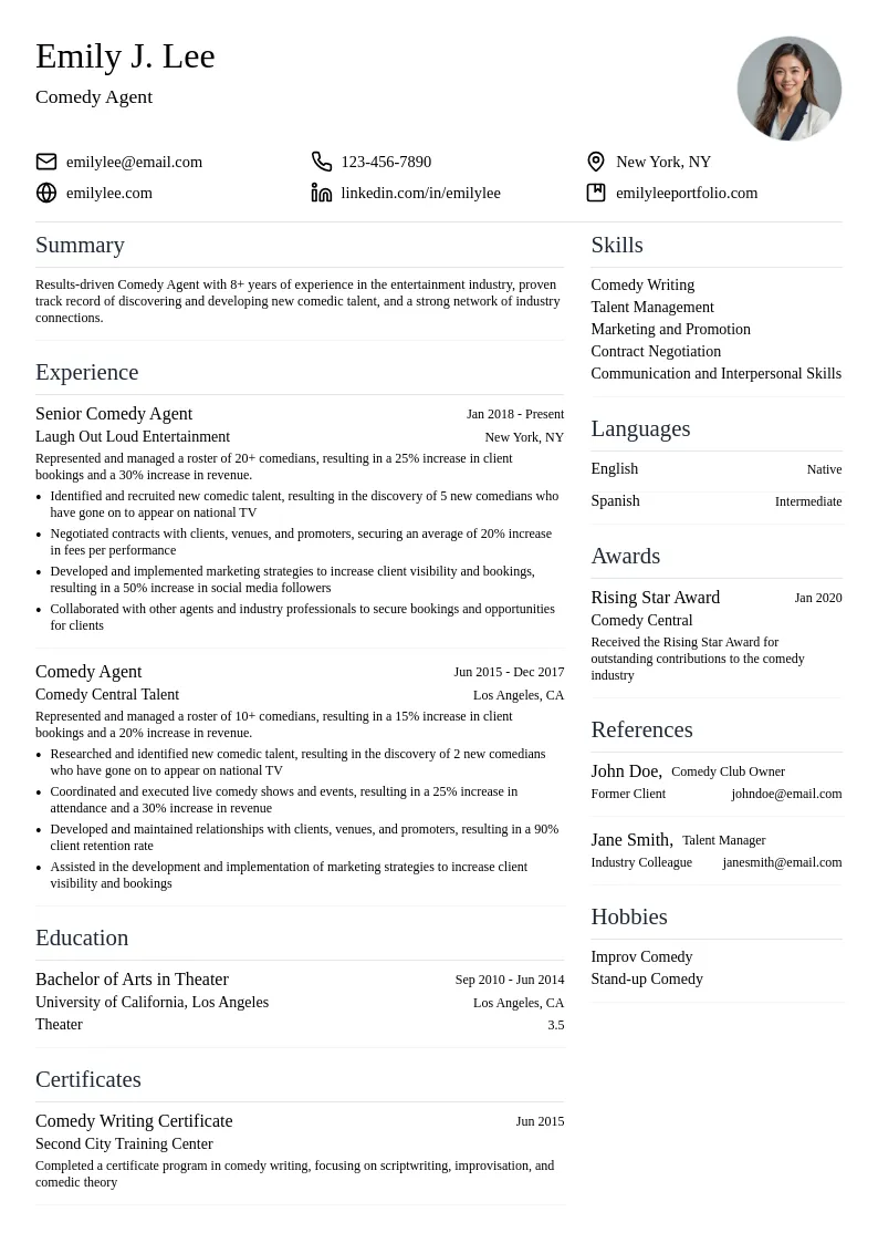 Comedy Agent resume example