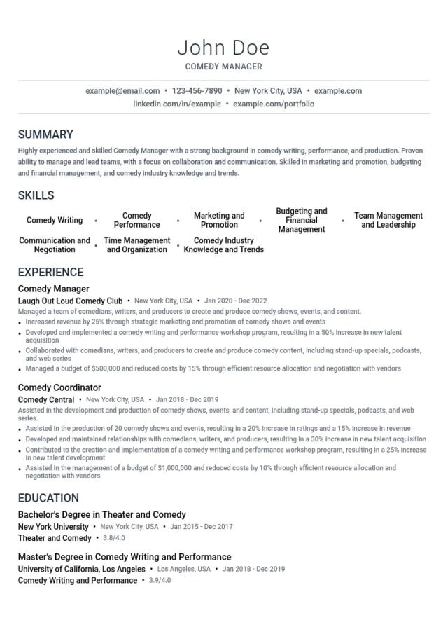 Comedy Manager resume example