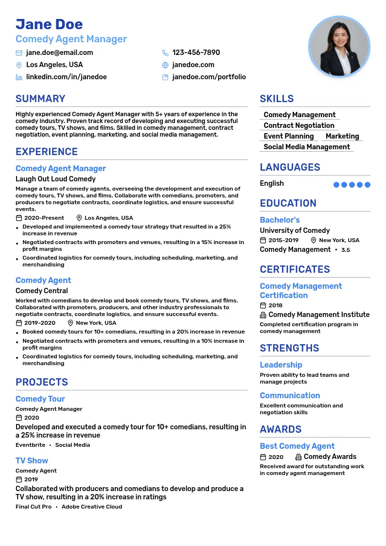 Comedy Agent Manager resume example