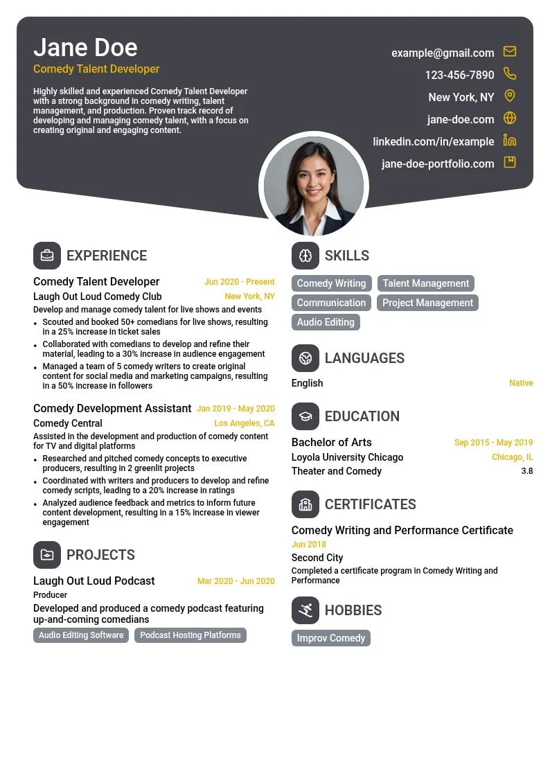 Comedy Talent Developer resume example