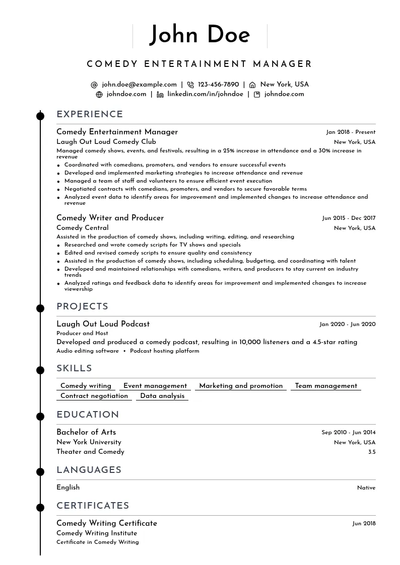 Comedy Entertainment Manager resume example