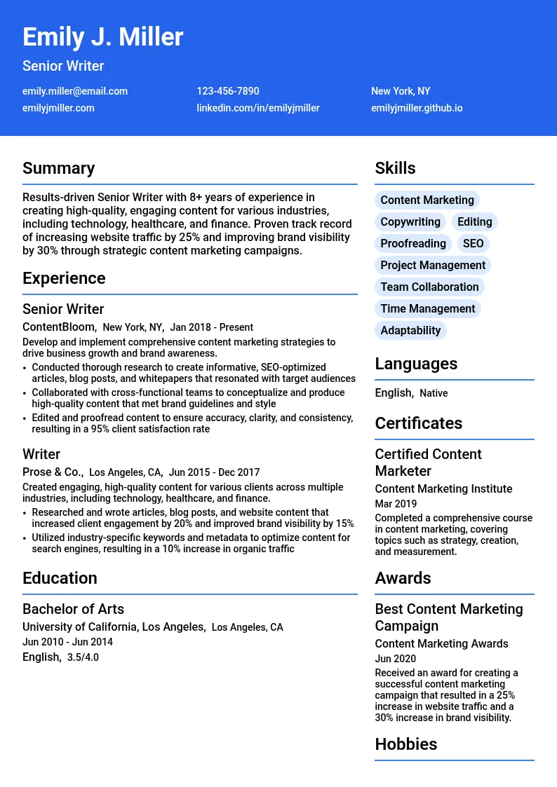 Senior Writer resume example