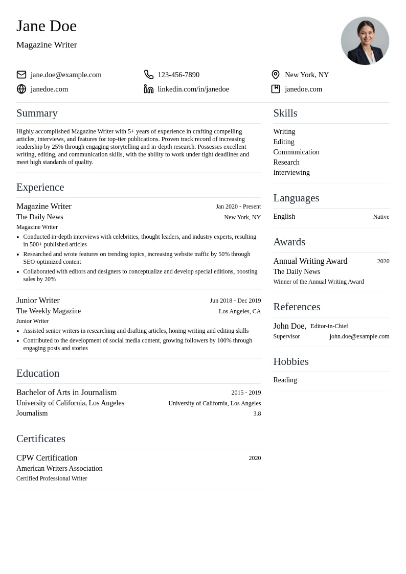 Magazine Writer resume example