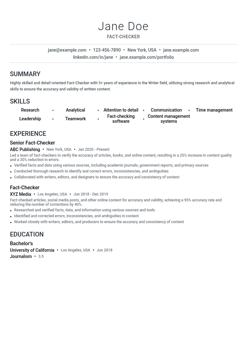 Fact-Checker resume example