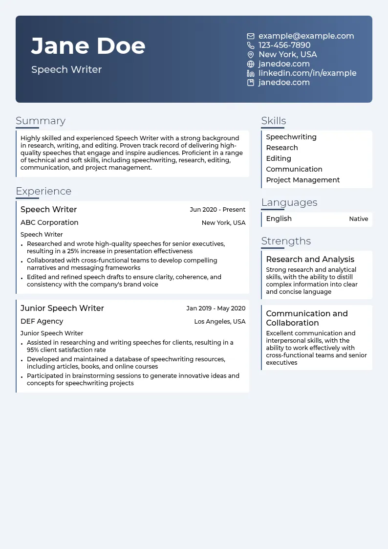Speech Writer resume example