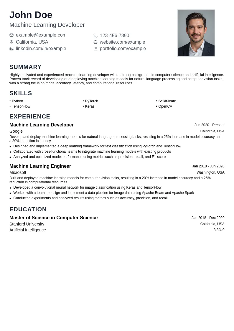 Machine Learning Developer resume example