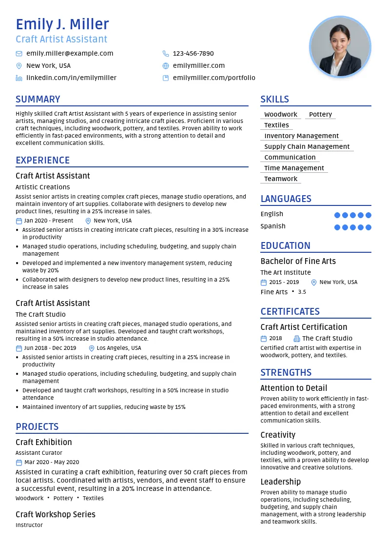 Craft Artist Assistant resume example
