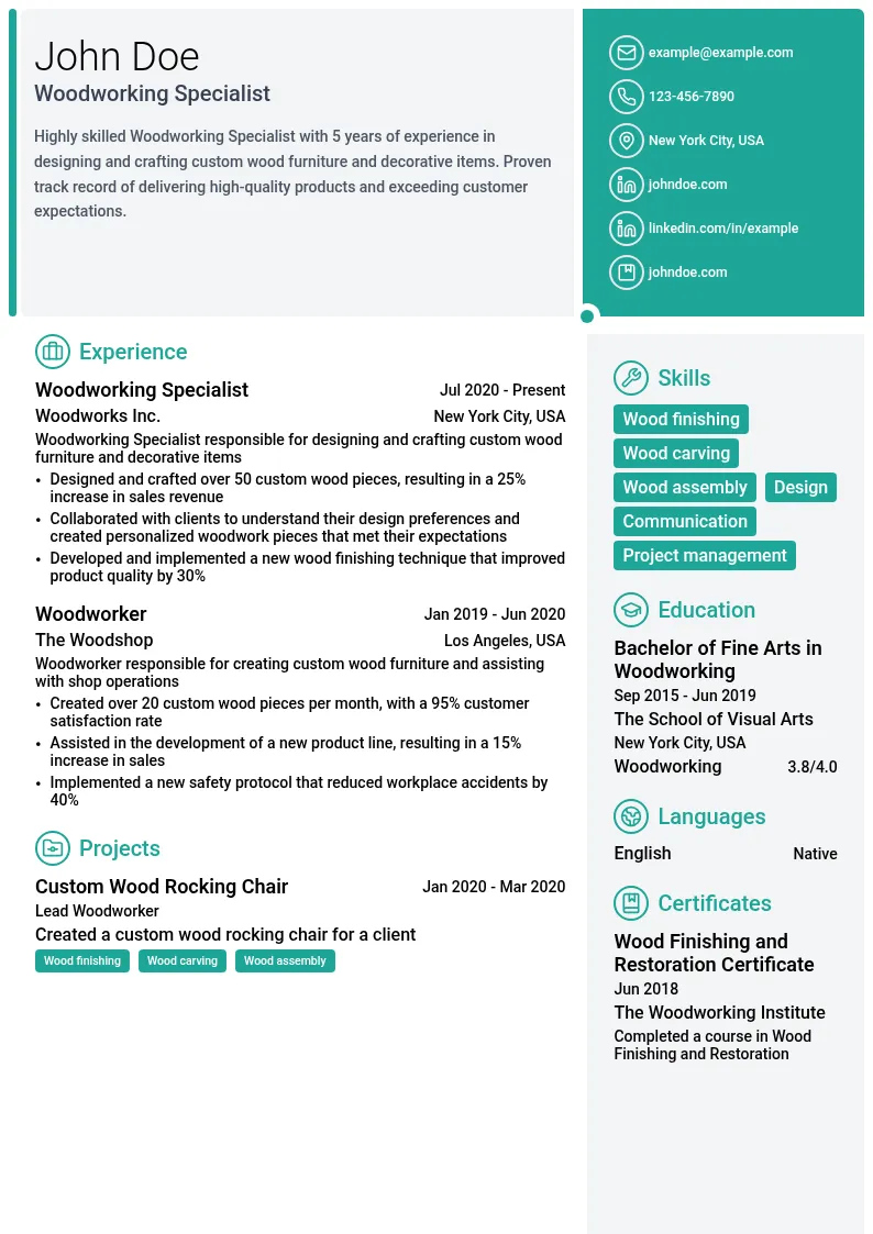 Woodworking Specialist resume example