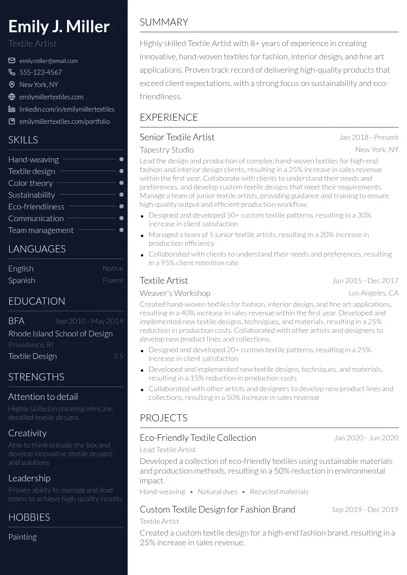 Textile Artist resume example