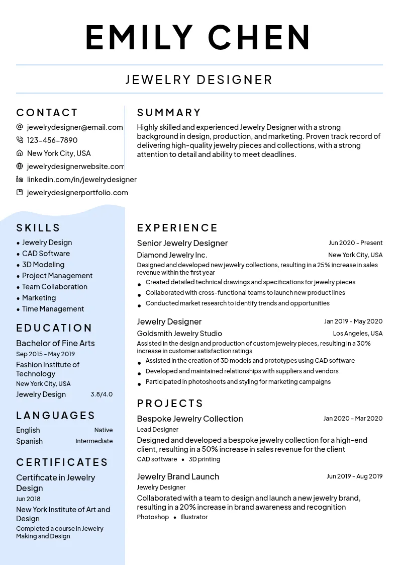 Jewelry Designer resume example