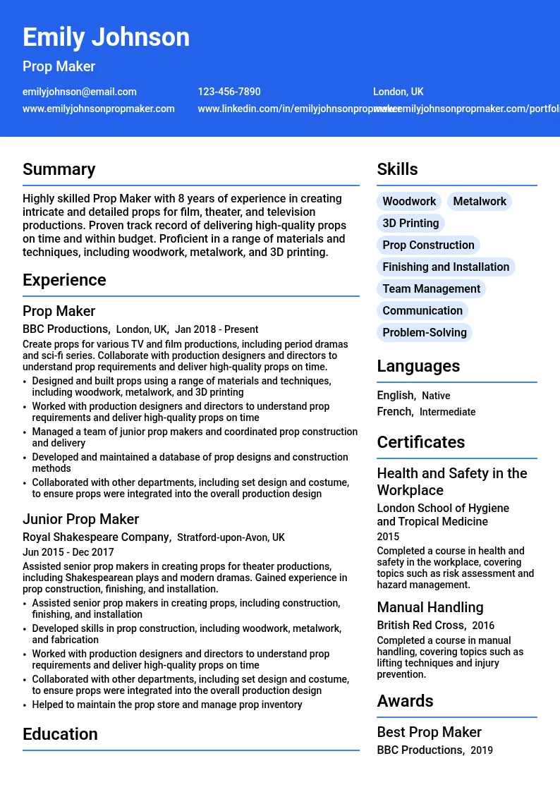 Prop Maker resume example