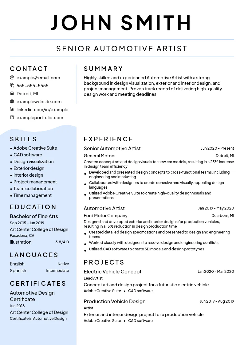 Automotive Artist resume example