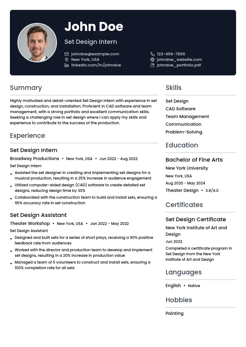Set Design Intern resume example
