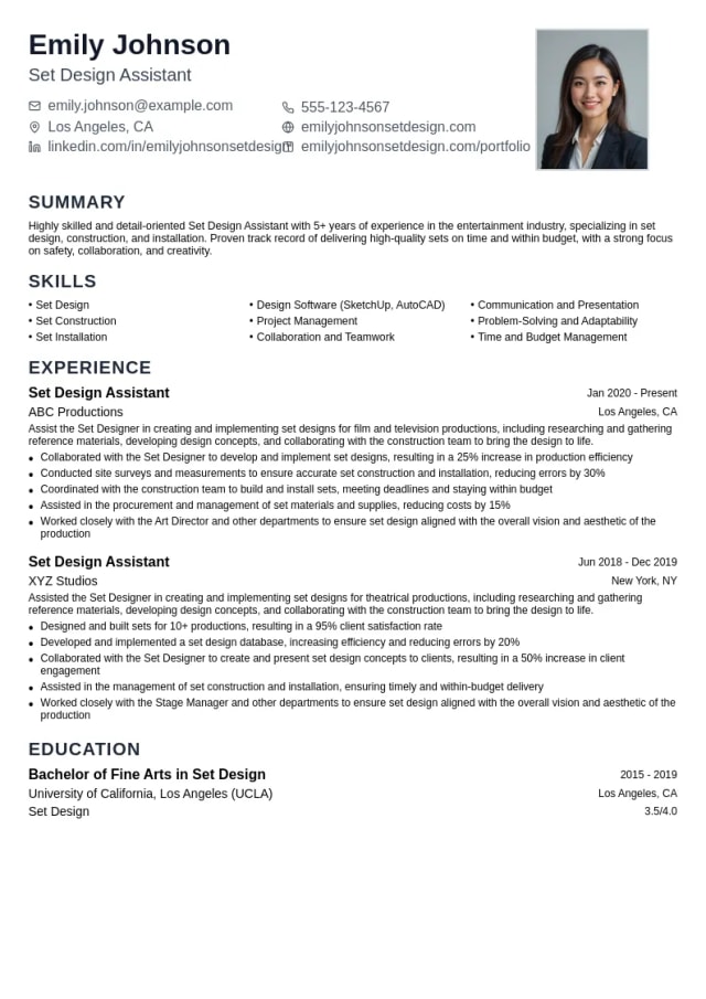 Set Design Assistant resume example