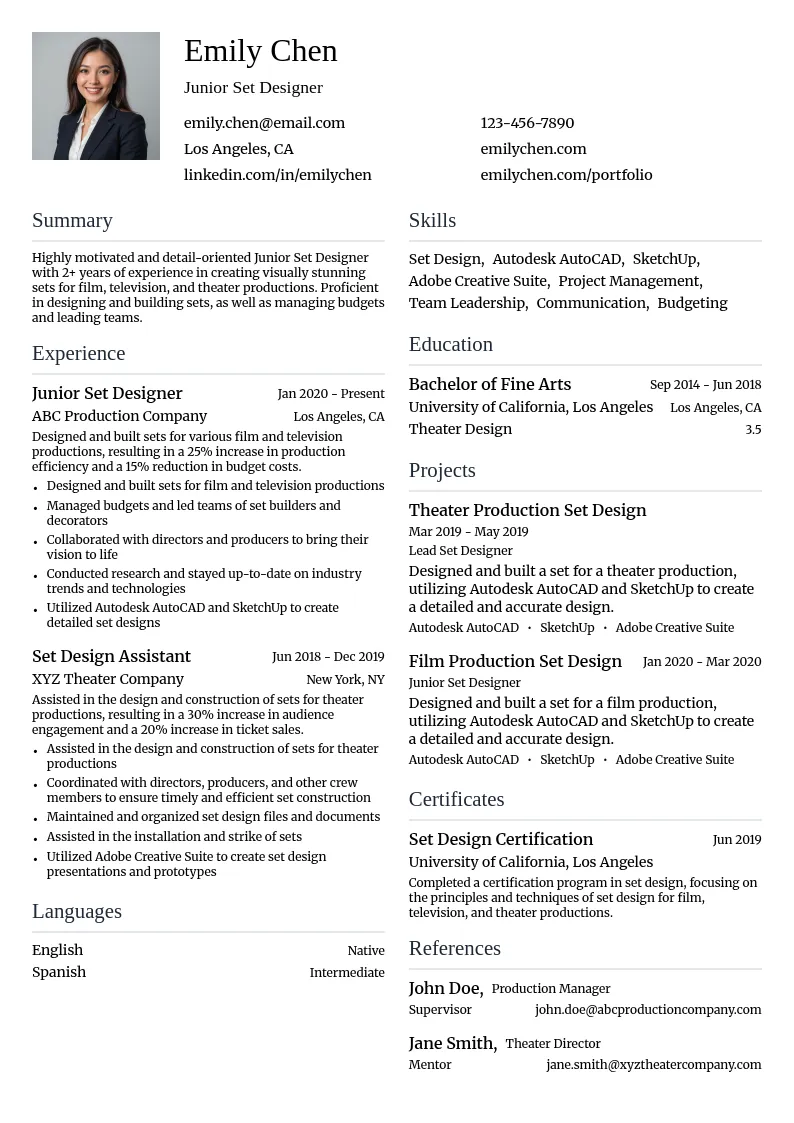 Junior Set Designer resume example