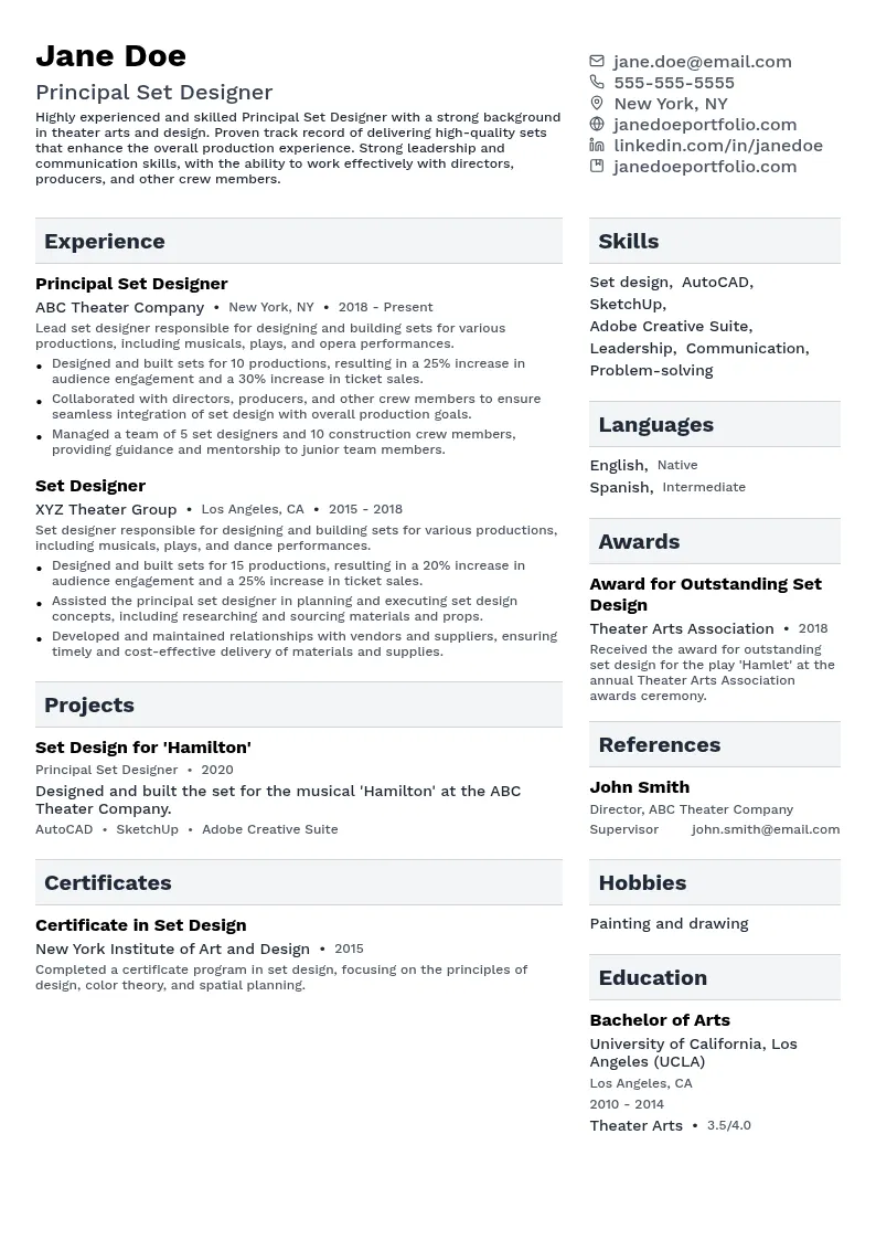 Principal Set Designer resume example